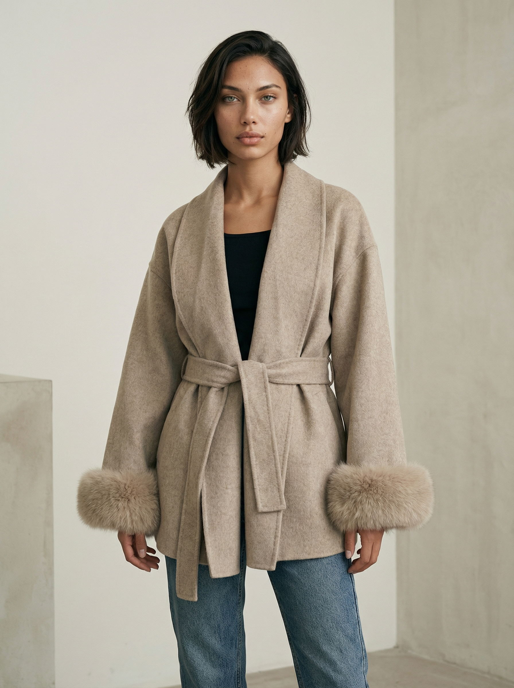 Women’s  Wool Blend Coat – Double Breasted with Scarf Collar