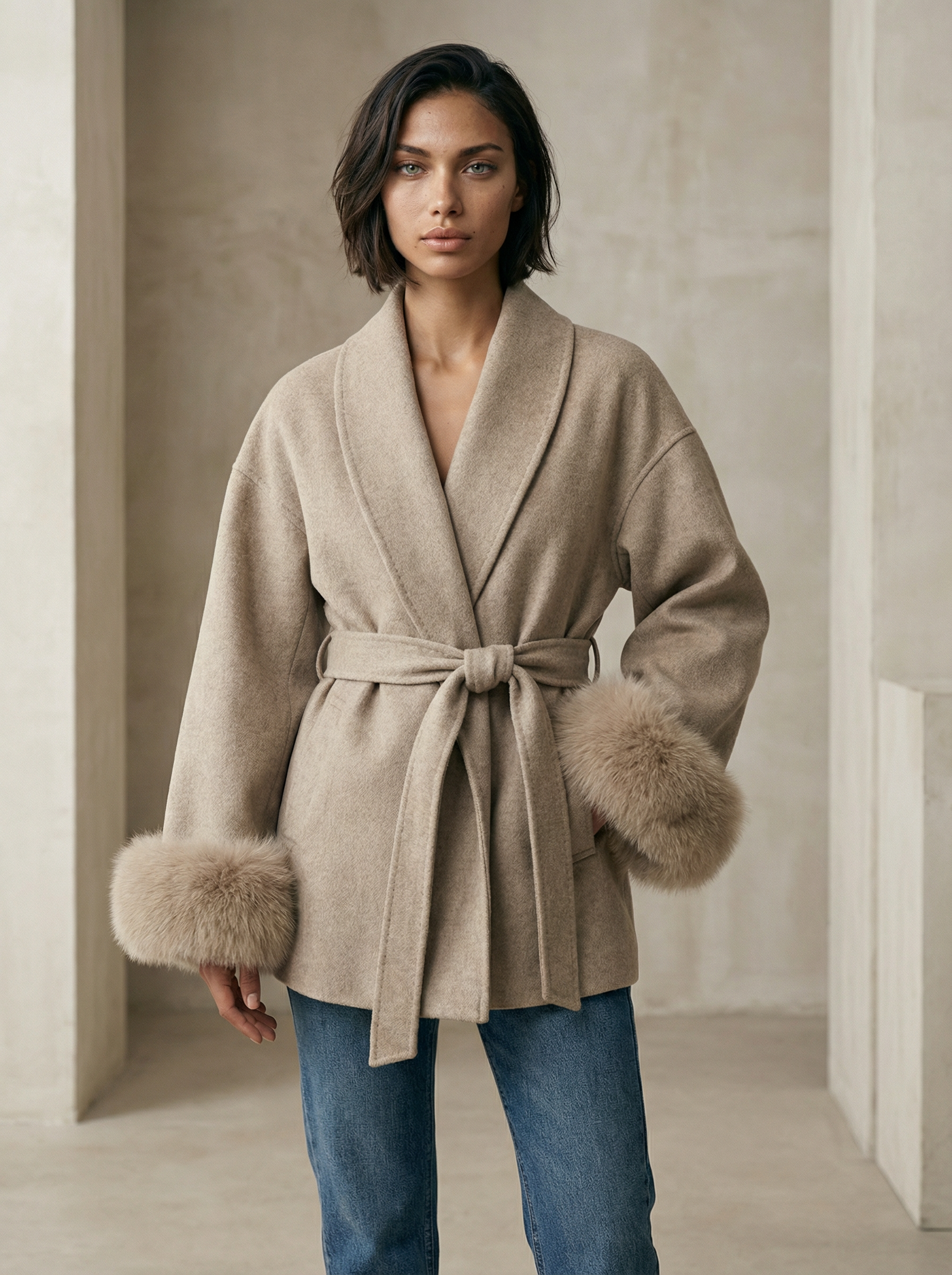 Women’s  Wool Blend Coat – Double Breasted with Scarf Collar