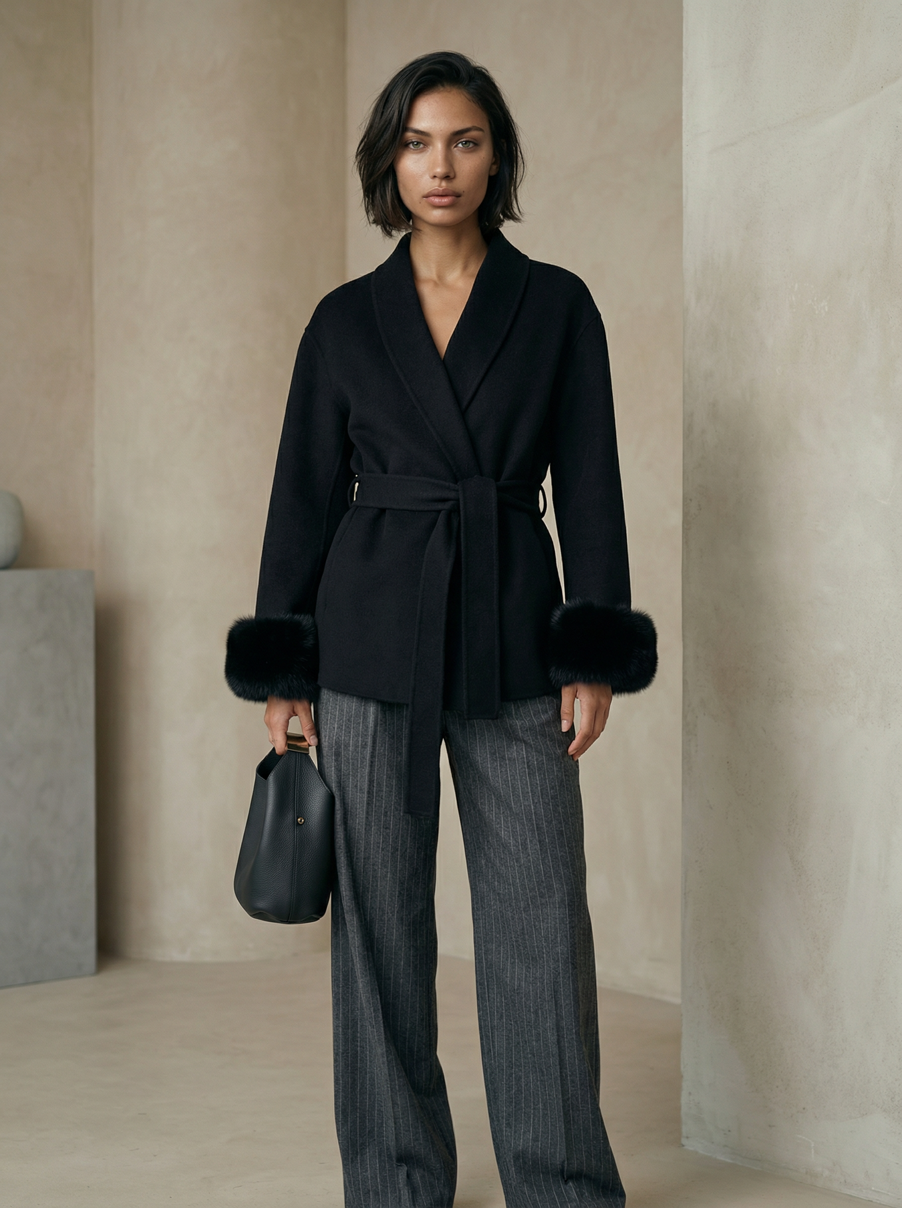 Women’s  Wool Blend Coat – Double Breasted with Scarf Collar