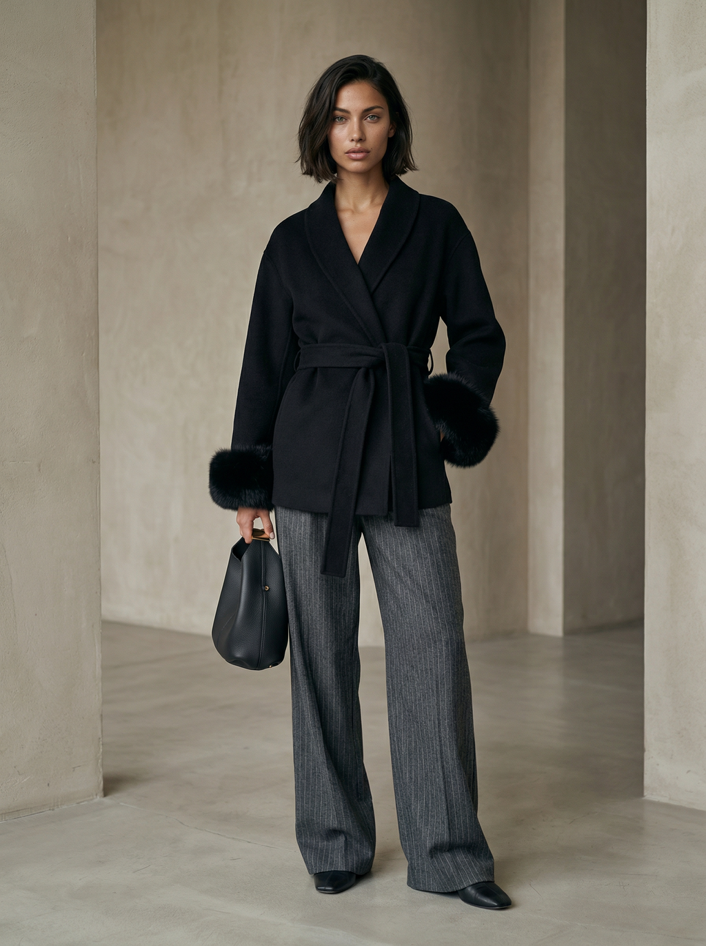 Women’s  Wool Blend Coat – Double Breasted with Scarf Collar