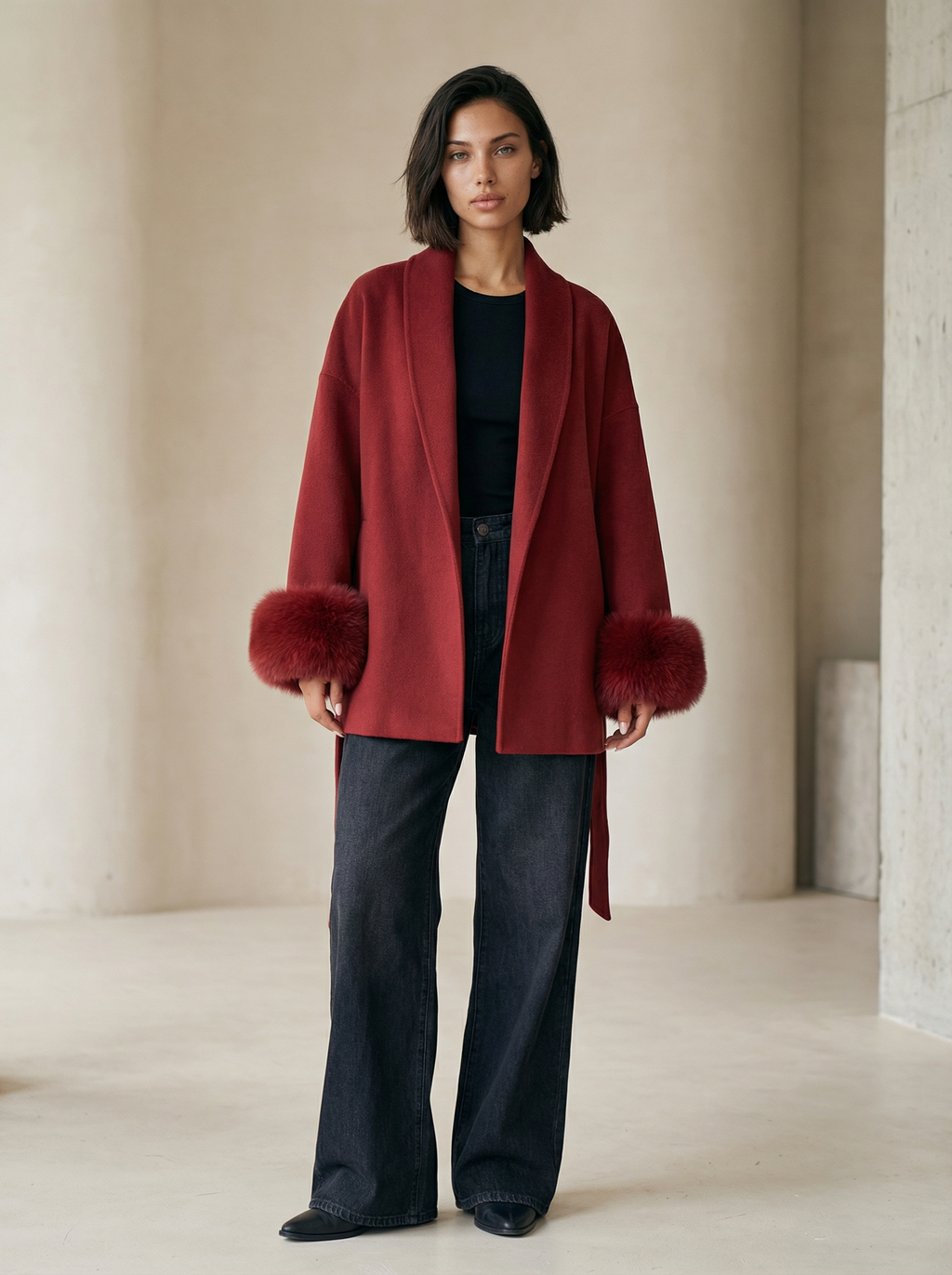 Women’s  Wool Blend Coat – Double Breasted with Scarf Collar