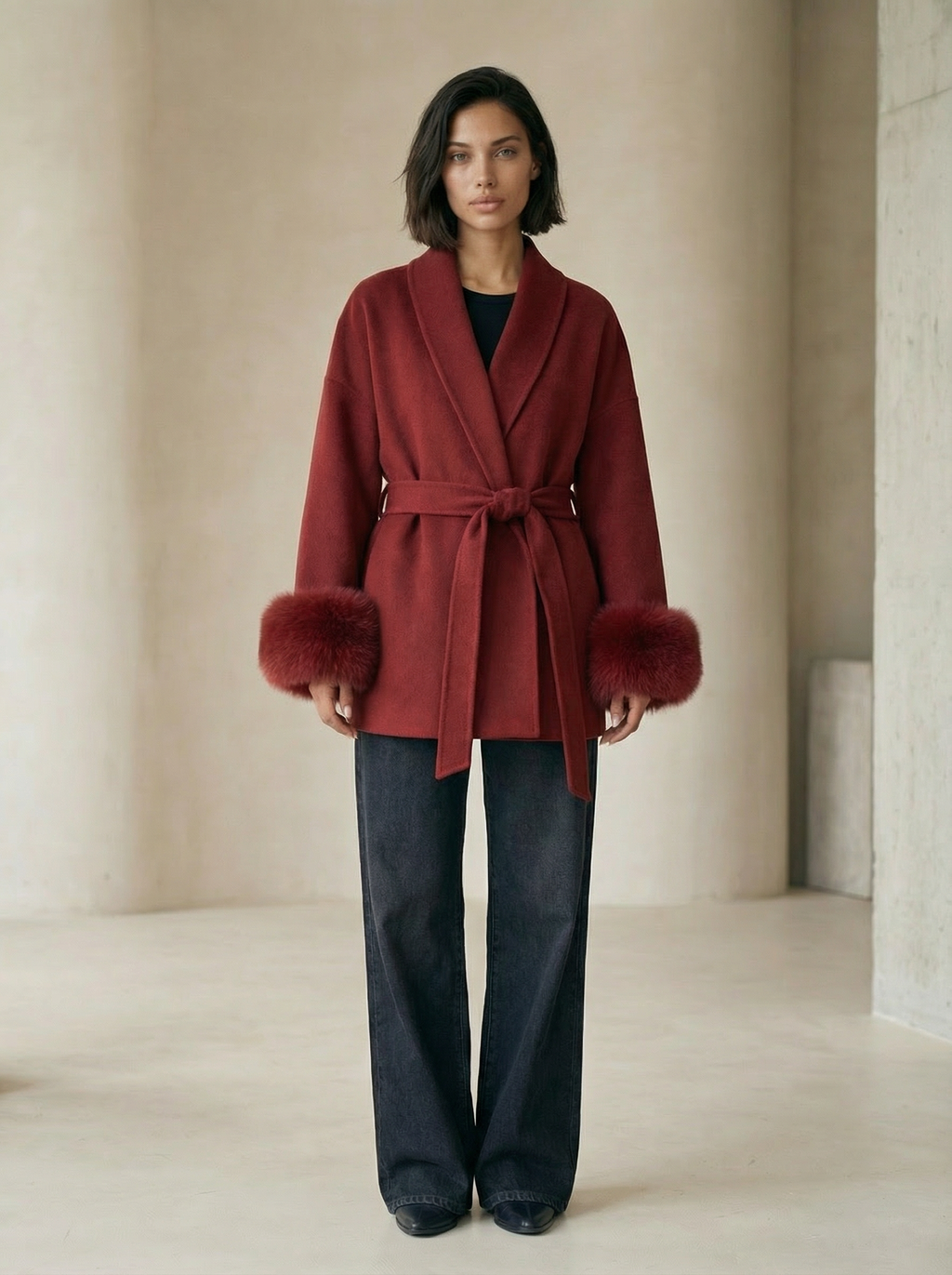 Women’s  Wool Blend Coat – Double Breasted with Scarf Collar