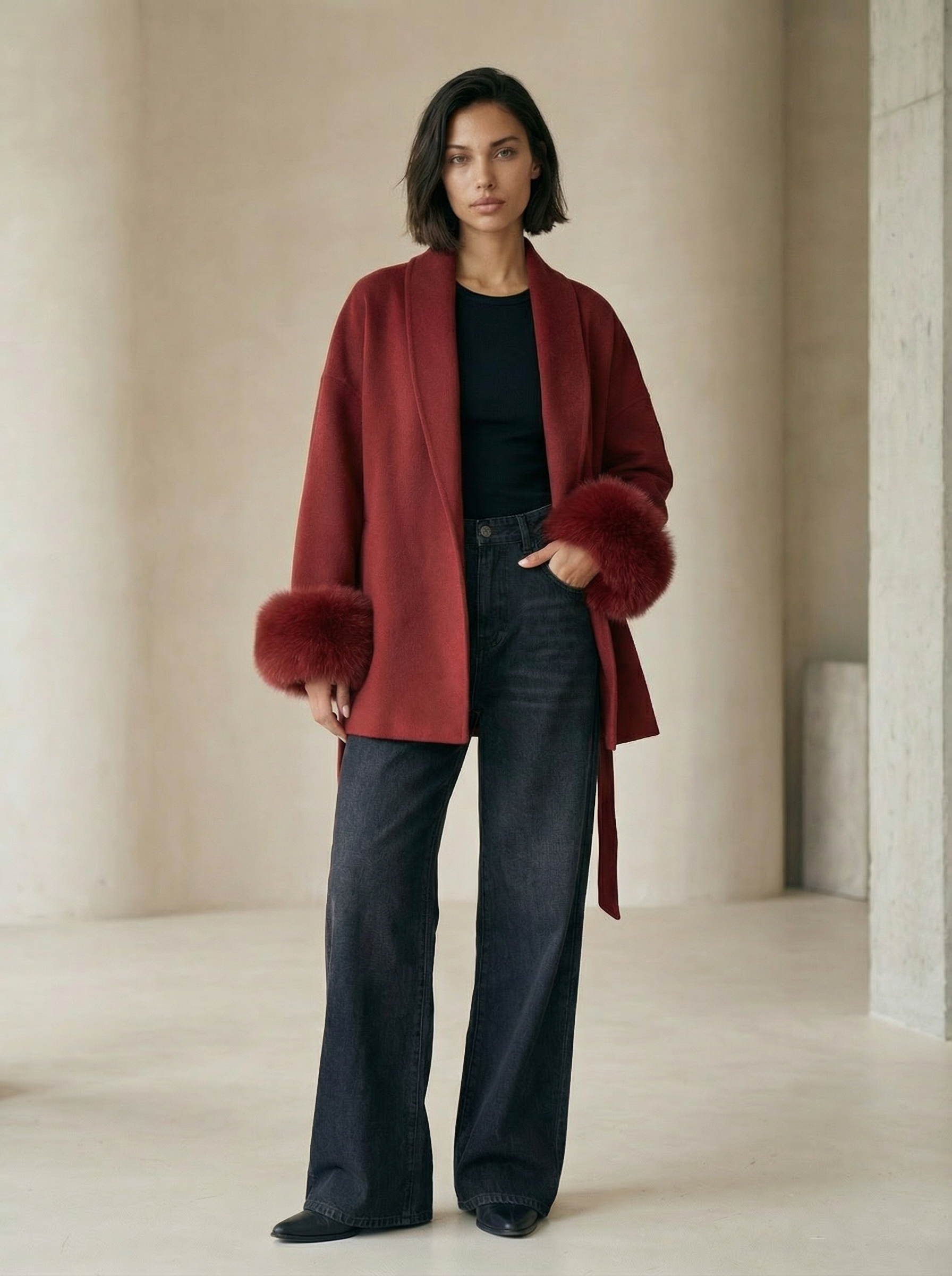 Women’s  Wool Blend Coat – Double Breasted with Scarf Collar