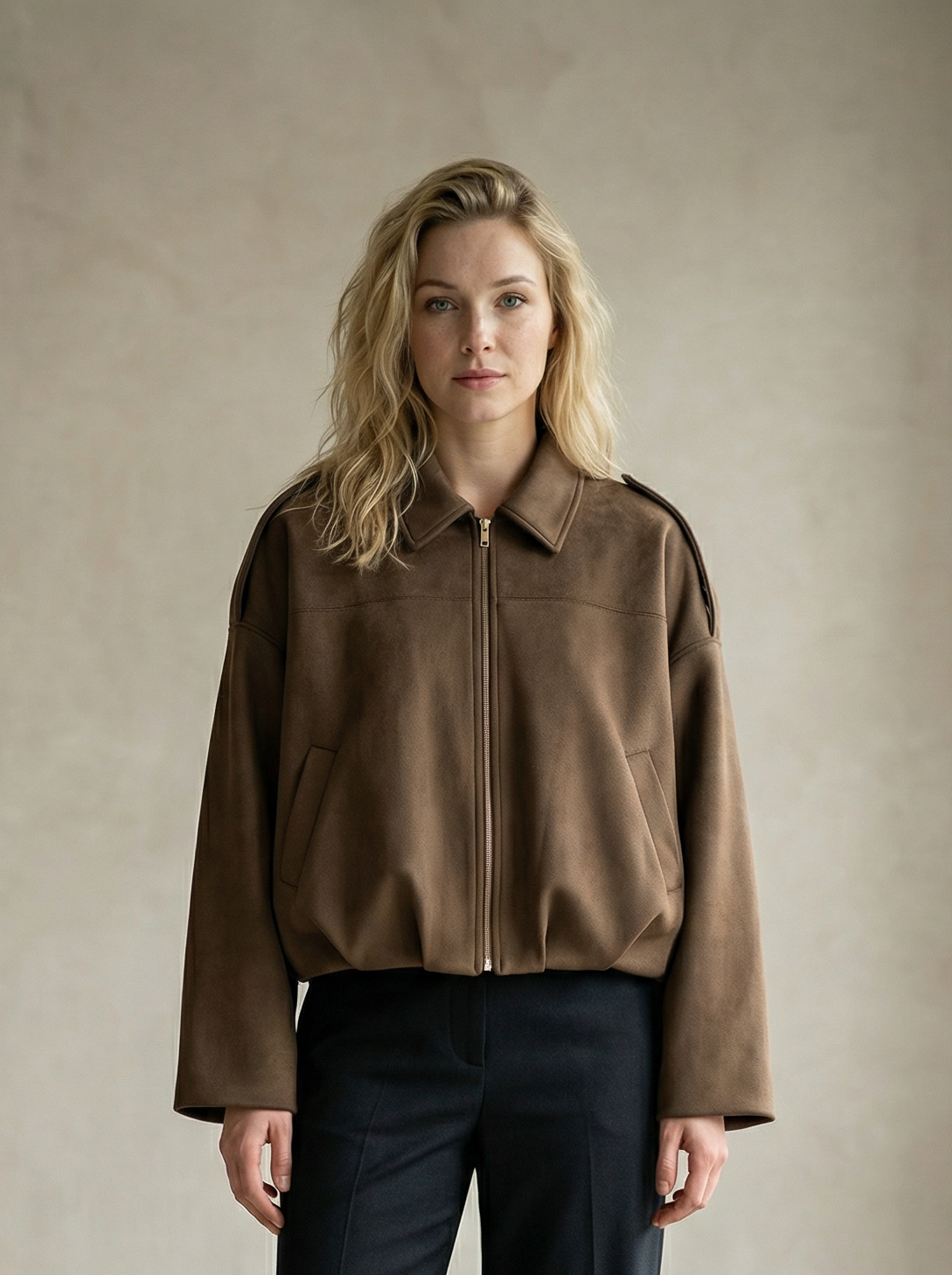 Women’s Vintage Short Zipper Jacket – Turn-Down Collar