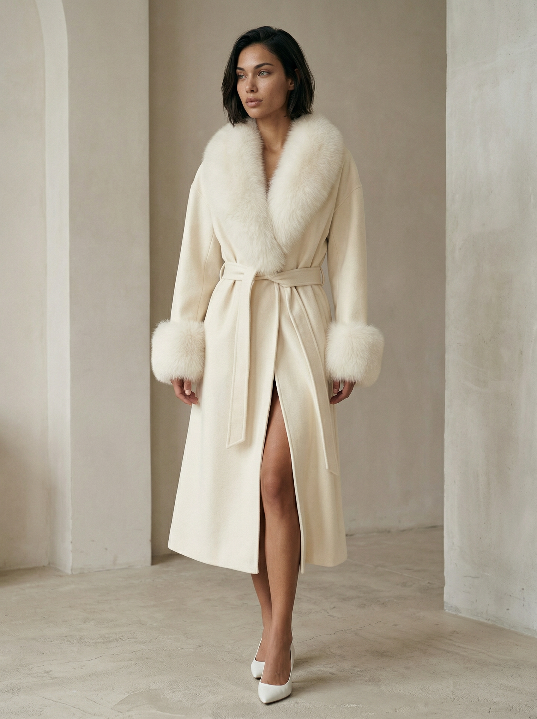 Women’s Wool Blend Coat – Single-Breasted with Fur Patchwork