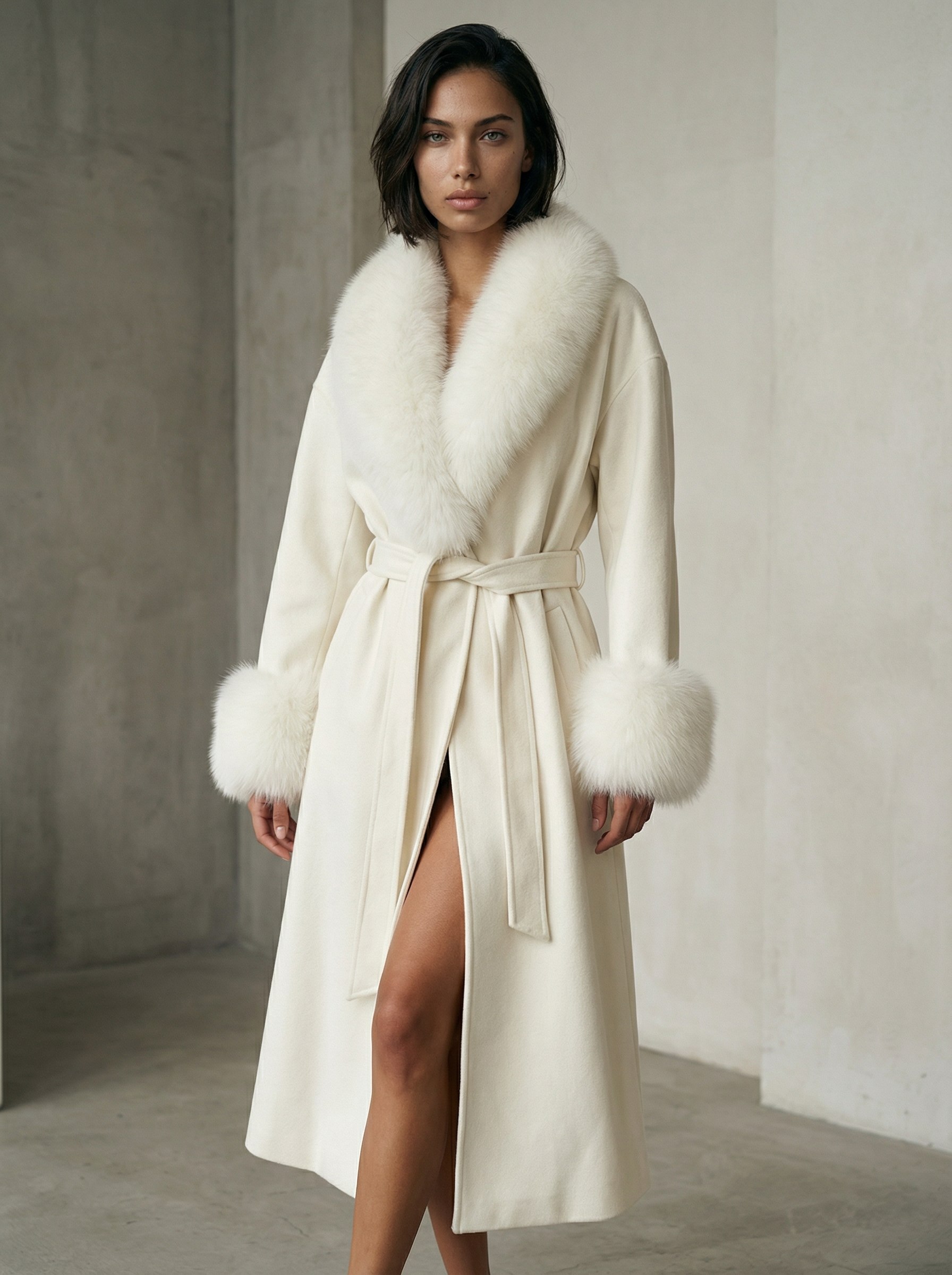 Women’s Wool Blend Coat – Single-Breasted with Fur Patchwork