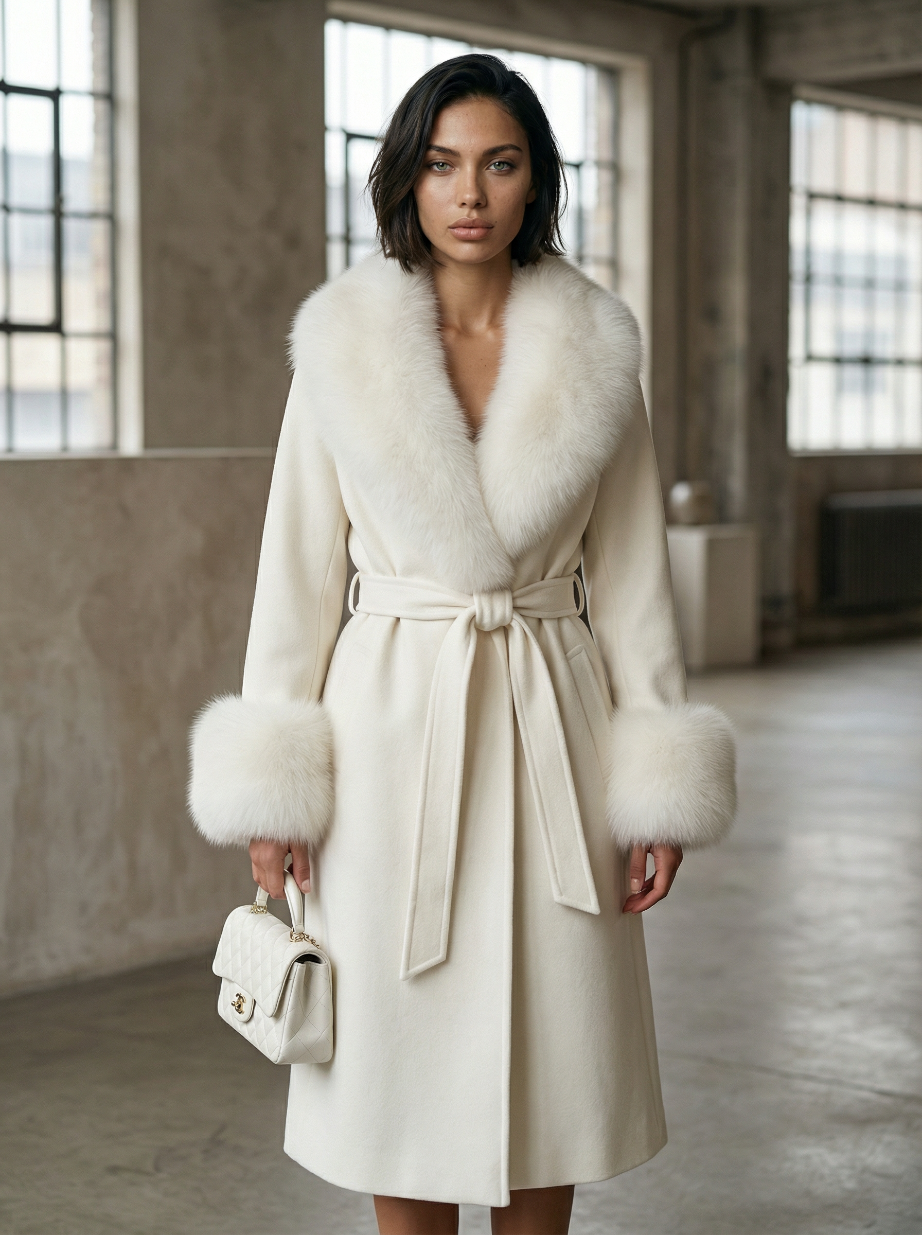 Women’s Wool Blend Coat – Single-Breasted with Fur Patchwork