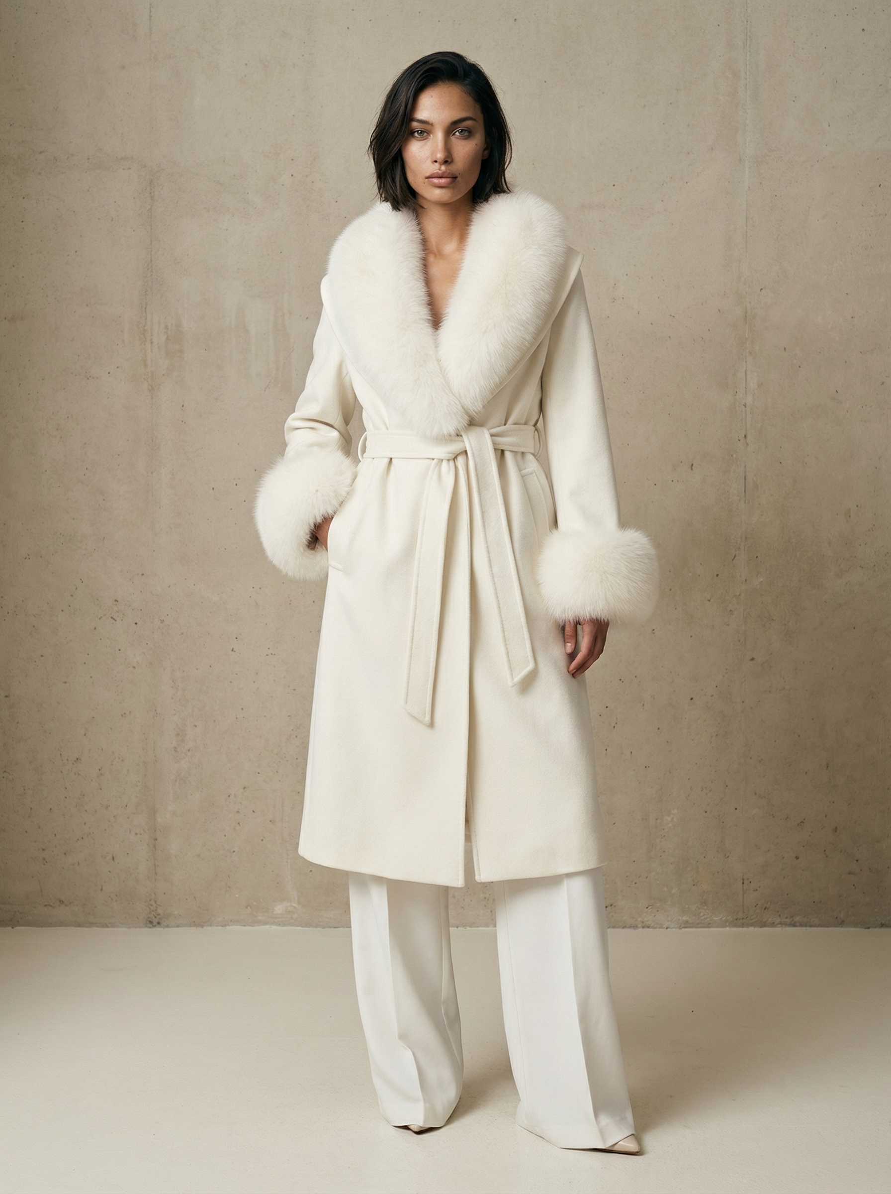 Women’s Wool Blend Coat – Single-Breasted with Fur Patchwork