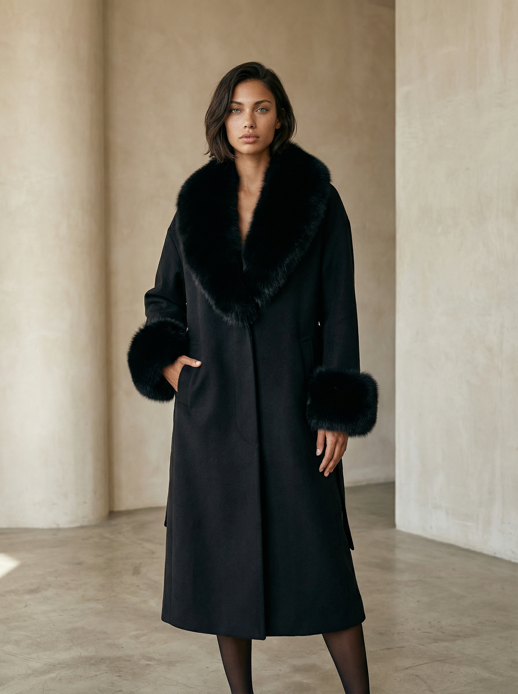 Women’s Wool Blend Coat – Single-Breasted with Fur Patchwork