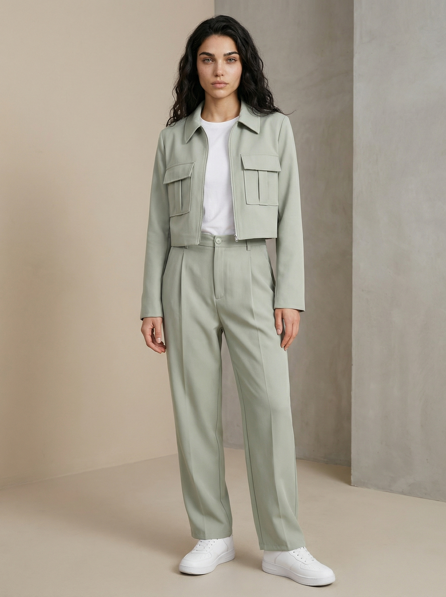 Slim Jacket & High-Waist Wide-Leg Pants Set – Office Casual Style