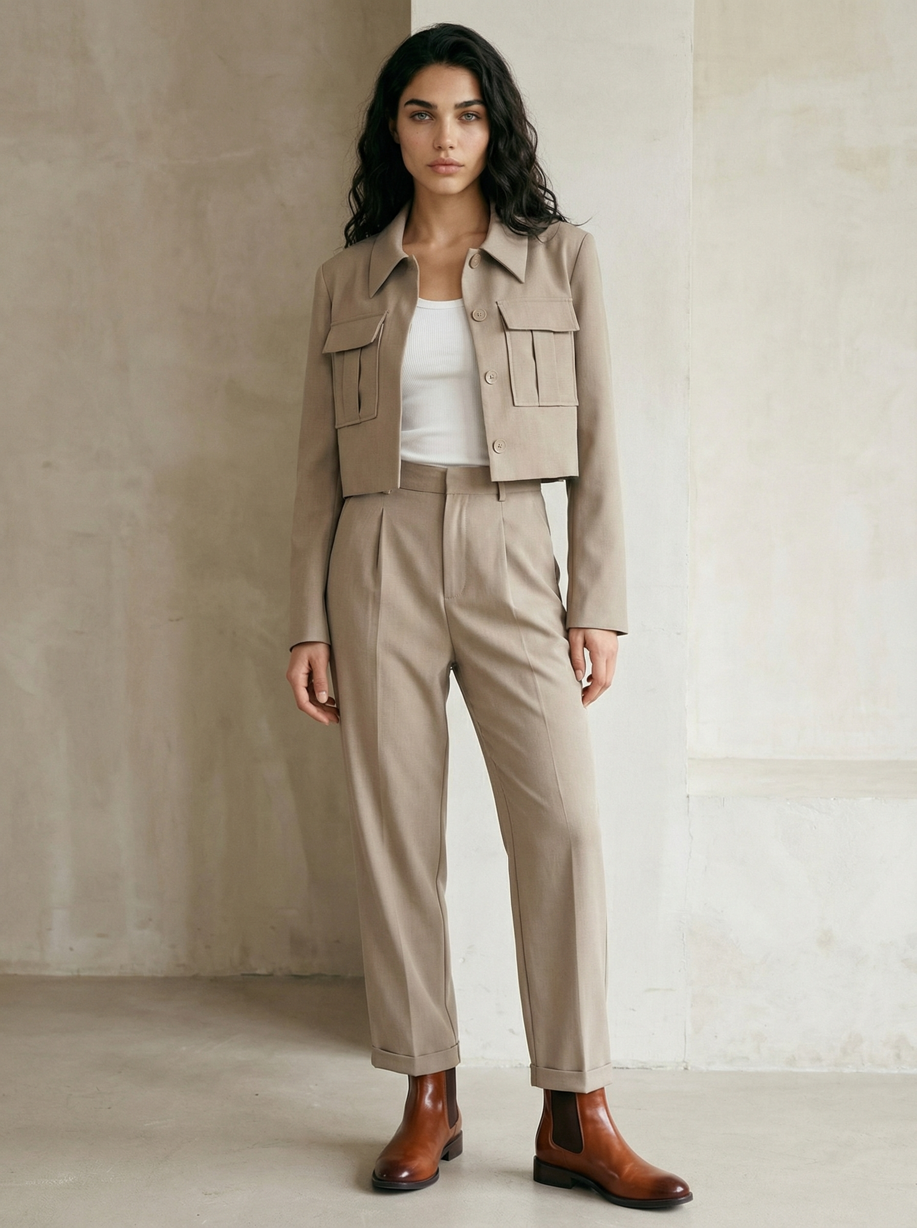 Slim Jacket & High-Waist Wide-Leg Pants Set – Office Casual Style