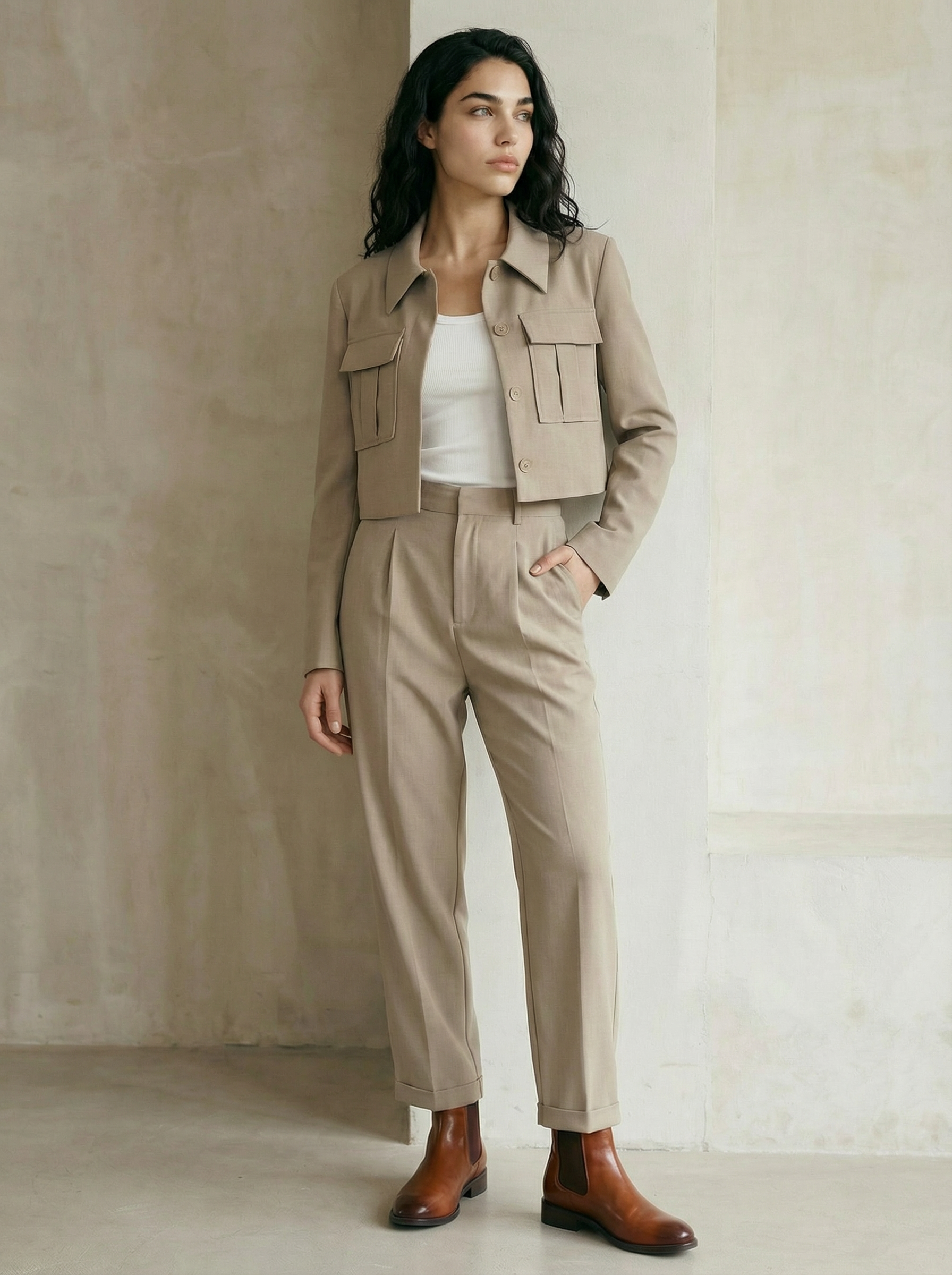 Slim Jacket & High-Waist Wide-Leg Pants Set – Office Casual Style